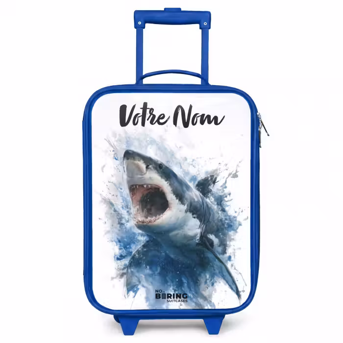 Valise enfant avec nom - Bleu - Requin attaquant à l'aquarelle