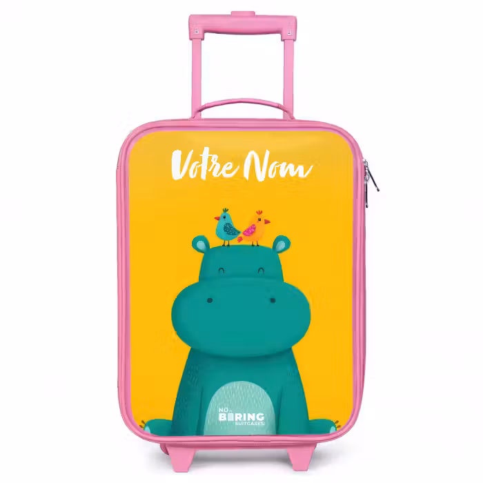 Valise enfant avec nom - Rose - Hippo - Oiseaux - Jaune