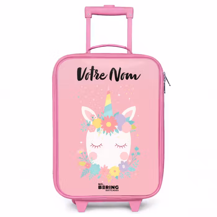 Valise enfant avec nom - Rose - Licorne - Fleurs - Rose