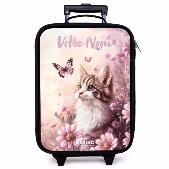 Valise enfant avec nom - Chaton - Papillons - Violet - Fleurs