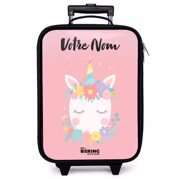Valise enfant avec nom - Licorne - Fleurs - Rose