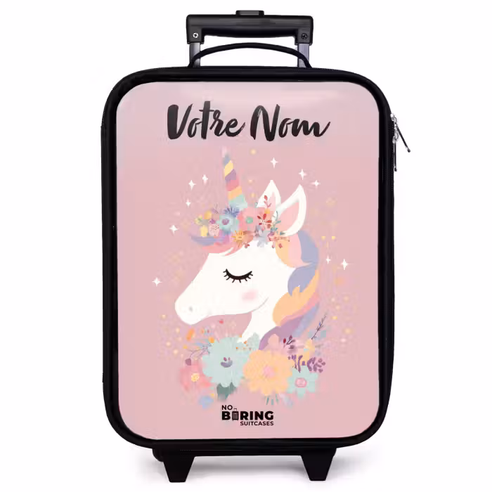 Valise enfant avec nom - Licorne - Rose - Fleurs
