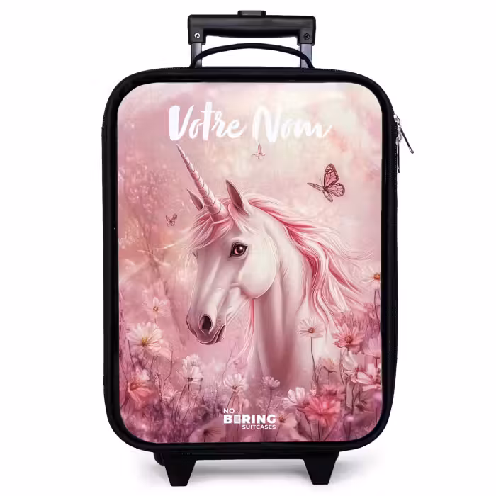 Valise enfant avec nom - Licorne - Rose - Papillon - Fleurs