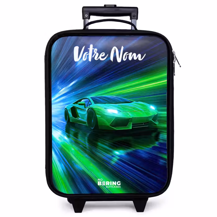 Valise enfant avec nom - Voiture de sport - Vert - Lignes de vitesse - Néon