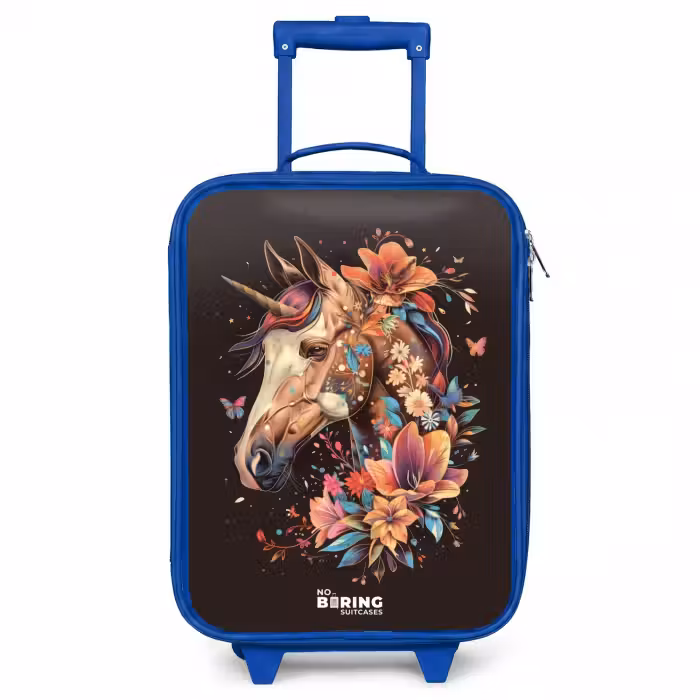 Valise enfant - Bleu - Licorne et fleurs sur fond noir