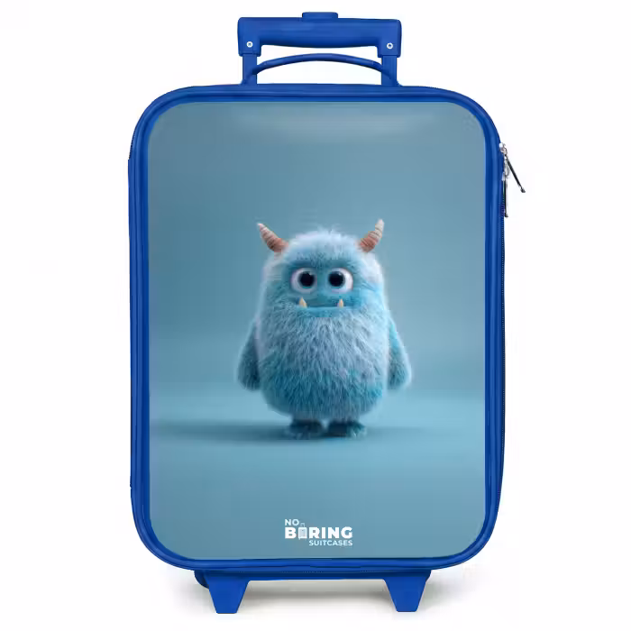 Valise enfant - Monstre bleu en peluche avec des cornes
