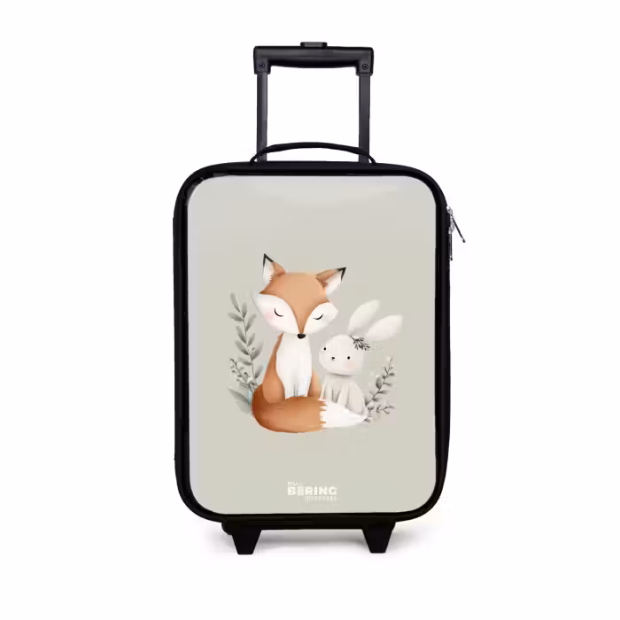 Valise enfant - Noir - Renard et lapin entourés de feuilles vertes