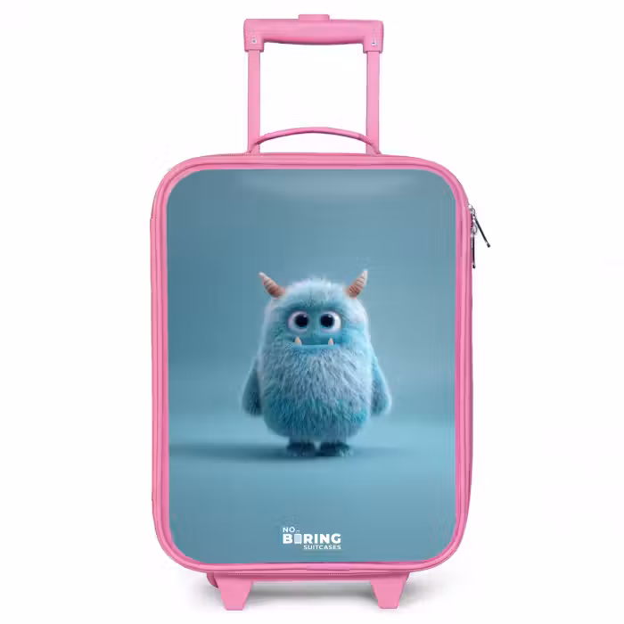 Valise enfant - Rose - Monstre bleu en peluche avec des cornes