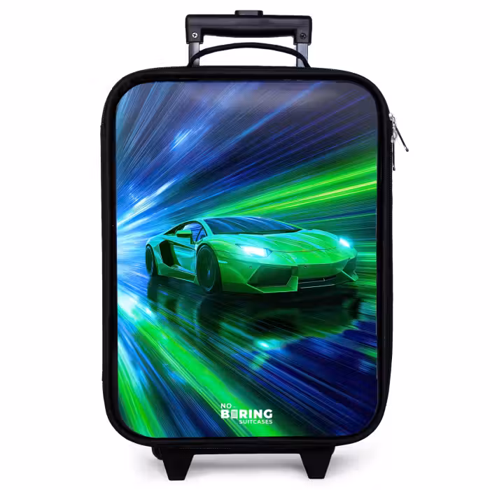 Valise enfant - Voiture de course - Vert vif - Faisceaux lumineux - Vitesse