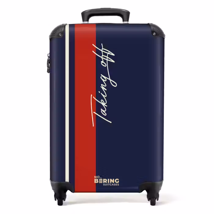 Valise - Fond bleu foncé avec bande rouge et blanche et texte Taking Off