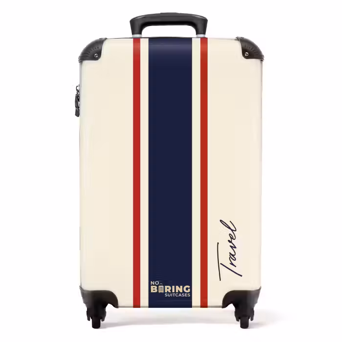 Valise - Fond crème avec bande centrale tricolore et texte Travel
