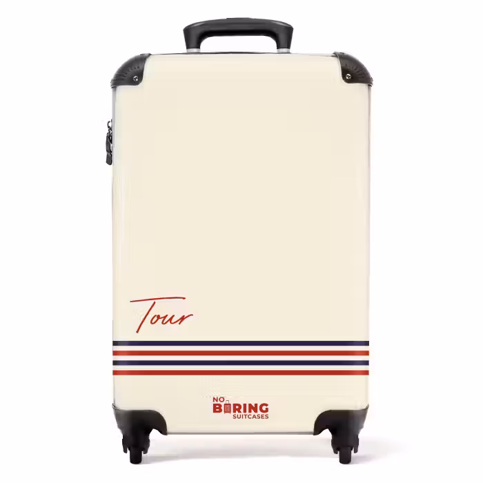 Valise - Fond crème avec texte rouge et bande tricolore en bas